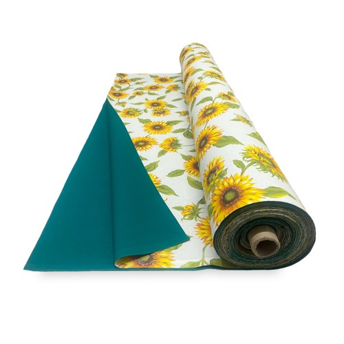 PRINTED SUN AWNING FABRIC with SUNFLOWERS and GREEN JOINED on one side from outdoor GARDEN balcony TO METER height cm. 300