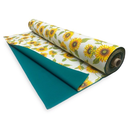 PRINTED SUN AWNING FABRIC with SUNFLOWERS and GREEN JOINED on one side from outdoor GARDEN balcony TO METER height cm. 300