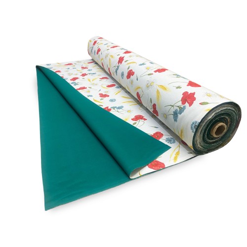SUN AWNING FABRIC PRINTED with POPIES and GREEN JOINED on one side from outdoor GARDEN balcony TO METER height cm. 300