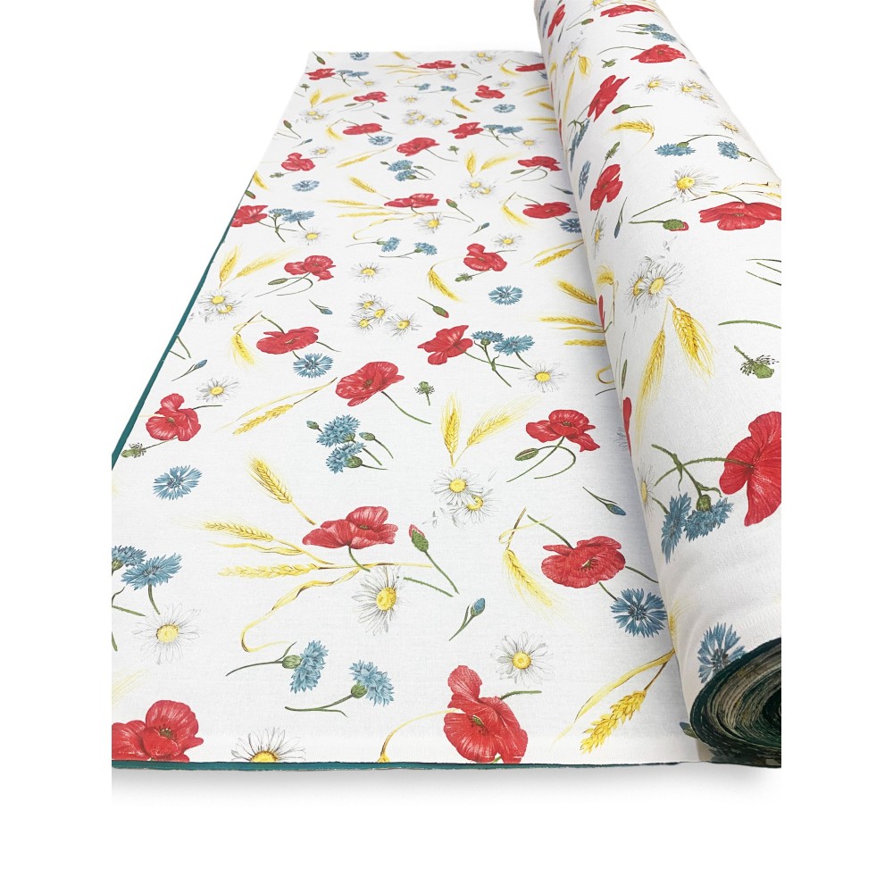 SUN AWNING FABRIC PRINTED with POPIES and GREEN JOINED on one side from outdoor GARDEN balcony TO METER height cm. 300