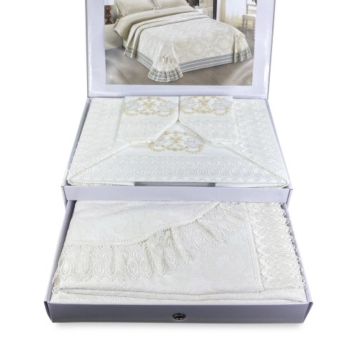 Brautidee Bettwäsche und Tagesdecke Set mit Makramee-Spitze