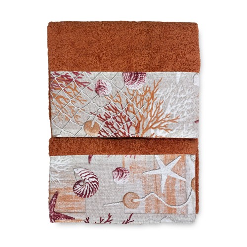 JUEGO DE TOALLAS con borde de CORAL ROJO en puro algodón Made in Italy