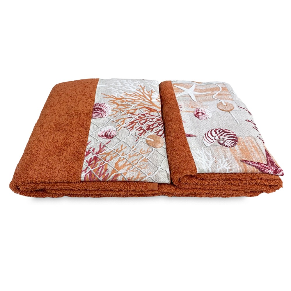 TOWEL SET with RED CORAL border in pure cotton Made in Italy
