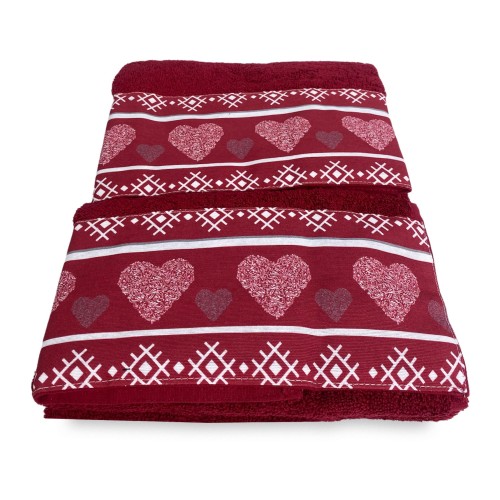 SET asciugamani con bordo tirolese CUORE ROSSO in puro cotone Made in Italy