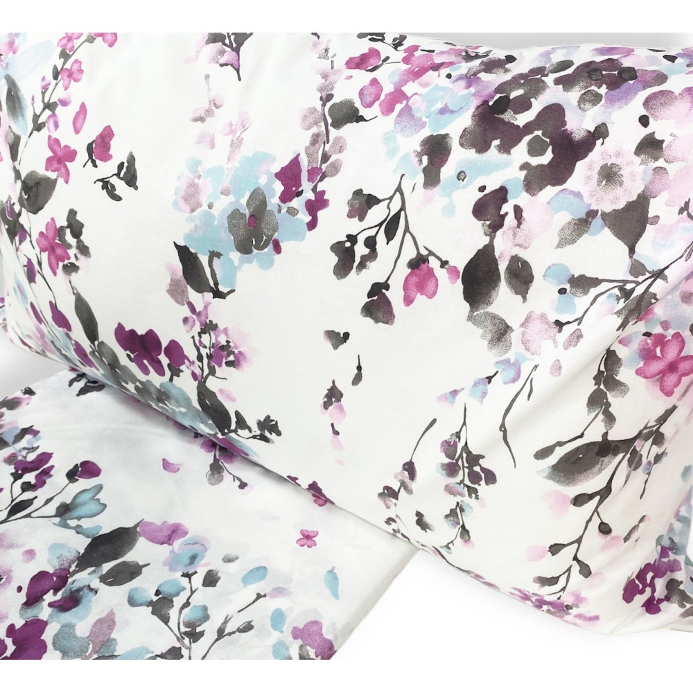 FUNDA NÓRDICA DE FLORES pintada de rosa en puro algodón Made in Italy