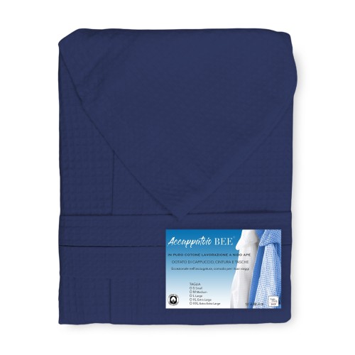 Peignoir© Nid d’abeille en pur coton avec hotte adulte BLEU FONCÉ