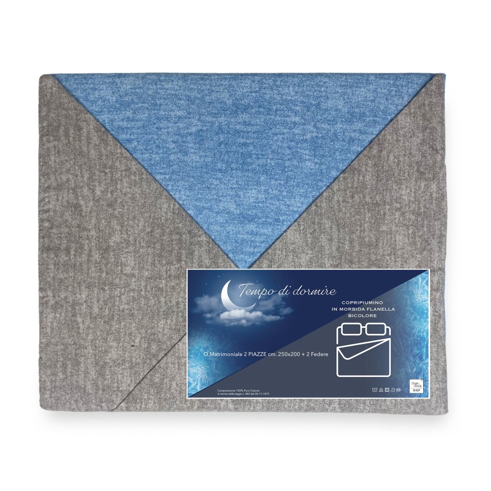 HOUSSE DE COUETTE EN FLANELLE FLANELLE BICOLORE Gris et Bleu en Coton Pur