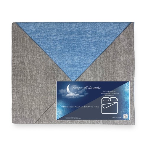 HOUSSE DE COUETTE EN FLANELLE FLANELLE BICOLORE Gris et Bleu en Coton Pur