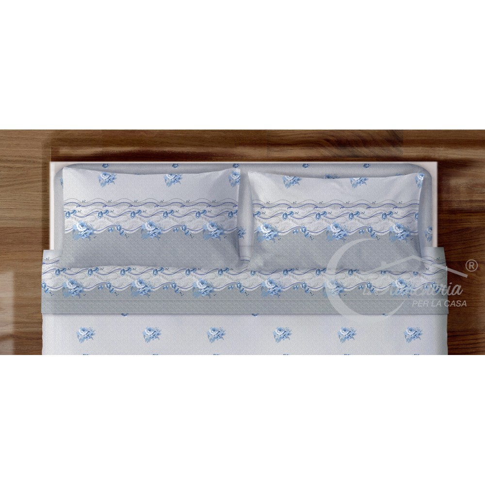 FEUILLES COMPLÈTES FIORE Azzurro en pur coton fabriqué en Italie