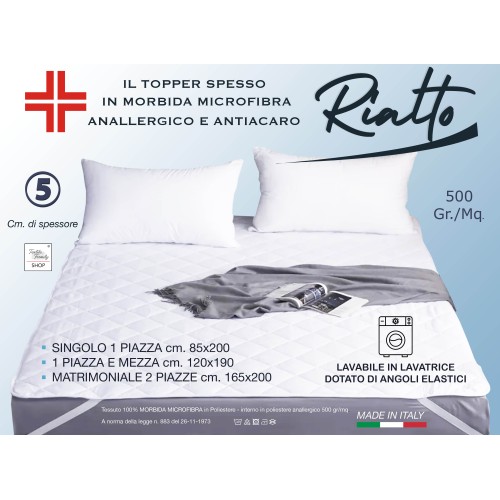 RIALTO TOPPER pour matelas en microfibre 500 grammes par mètre Épaisseur de correcteur matelassé 5 cm. Hypoallergénique Made in