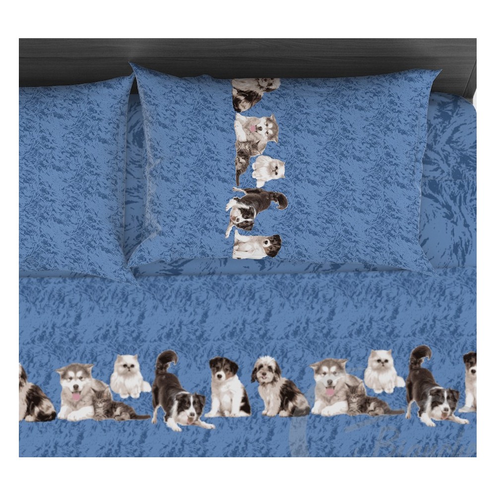 COMPLETO lenzuola LENZUOLO Amici CANI e GATTI in Puro Cotone Made in Italy