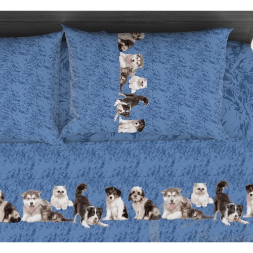 SHEET SET Friends DOGS and CATS in Pure Cotton Made in Italy