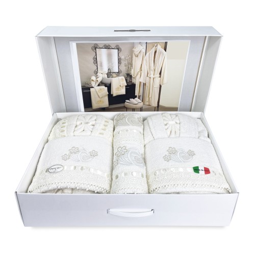 COMPLETO bagno CAORI Accappatoi IN SPUGNA ricamato CON PIZZO MACRAMÈ 8 Pezzi IDEA SPOSA