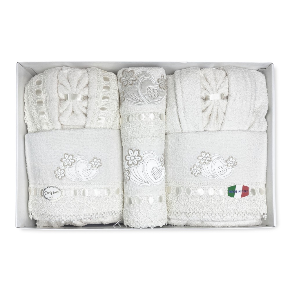 CONJUNTO DE BAÑO CAORI ALBORNOCES DE RIZO BORDADOS CON ENCAJE MACRAMÉ 8 Piezas IDEA SPOSA