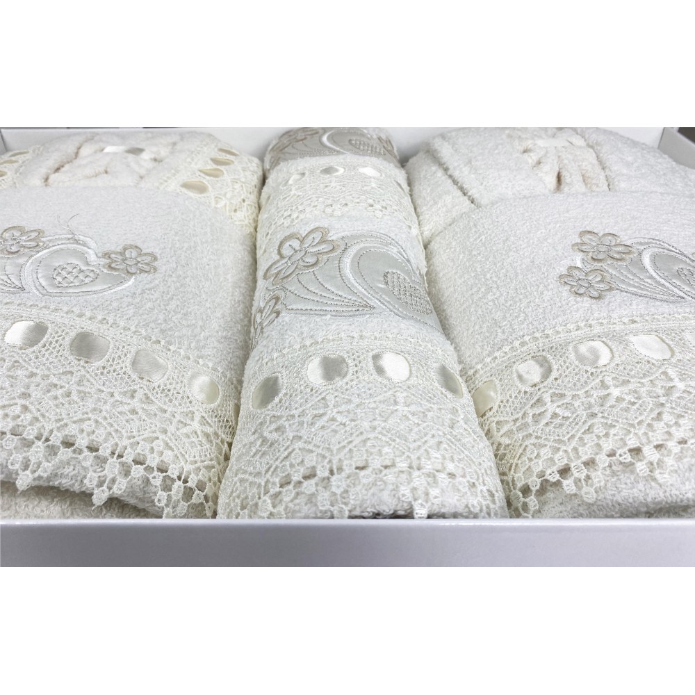 COMPLETO bagno CAORI Accappatoi IN SPUGNA ricamato CON PIZZO MACRAMÈ 8 Pezzi IDEA SPOSA