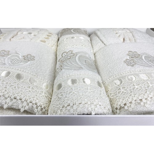 COMPLETO bagno CAORI Accappatoi IN SPUGNA ricamato CON PIZZO MACRAMÈ 8 Pezzi IDEA SPOSA