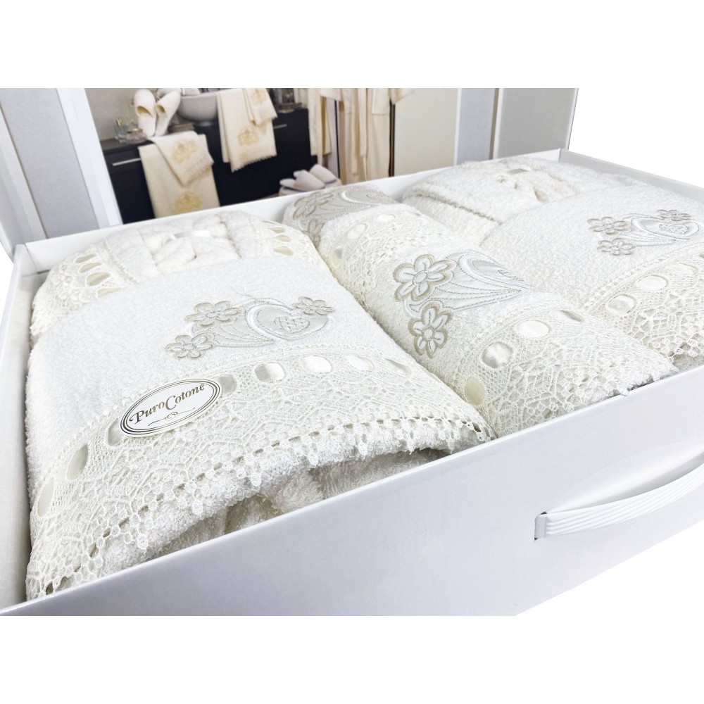 CONJUNTO DE BAÑO CAORI ALBORNOCES DE RIZO BORDADOS CON ENCAJE MACRAMÉ 8 Piezas IDEA SPOSA