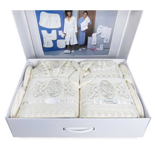 TERRY TOWEL BATH SET Embroidered with Macramé Lace 14 PIECES IDEA SPOSA