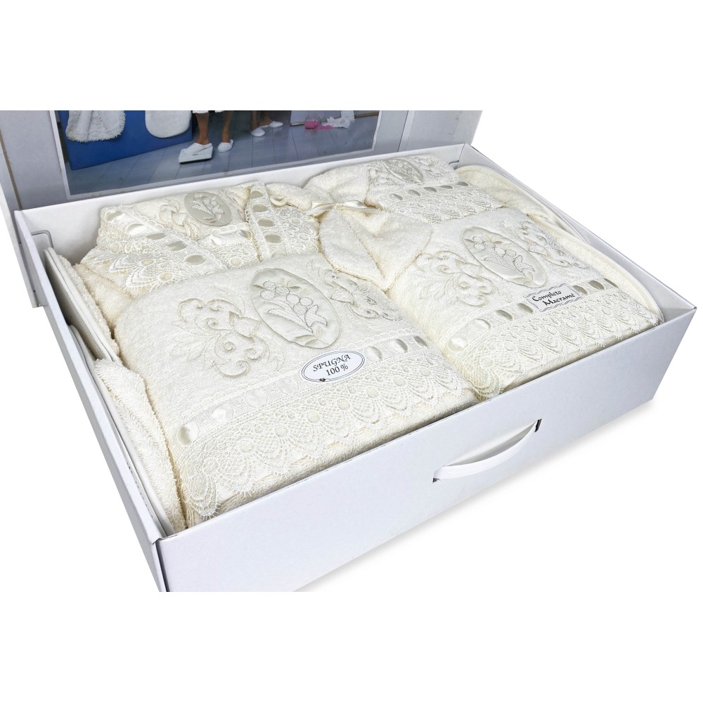 COMPLETO bagno IN SPUGNA Ricamato con Pizzo Macramè 14 PEZZI IDEA SPOSA