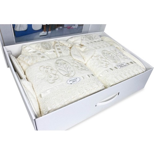 COMPLETO bagno IN SPUGNA Ricamato con Pizzo Macramè 14 PEZZI IDEA SPOSA