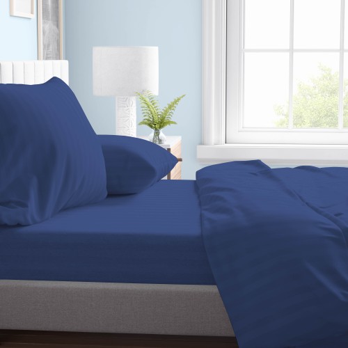 COMPLETO LENZUOLO in morbida microfibra TINTA unita Rasatello Rigato Blu Matrimoniale 2 PIAZZE no stiro