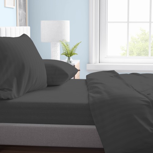 FEUILLE COMPLÈTE en microfibre douce COULEUR UNIE Rasatel rayé Gris foncé Double 2 CARRÉS sans repassage