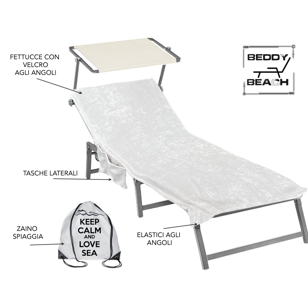 BEACH TOWEL SUNBED in pure cotton terry BEDDY BEACH © with pockets SIZE CM. 75 X 190 and BEACH backpack
