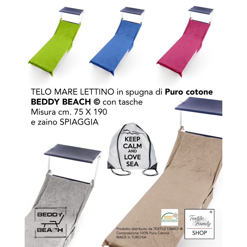 TELO MARE LETTINO in spugna di puro cotone BEDDY BEACH © con tasche MISURA CM. 75 X 190 e zaino SPIAGGIA