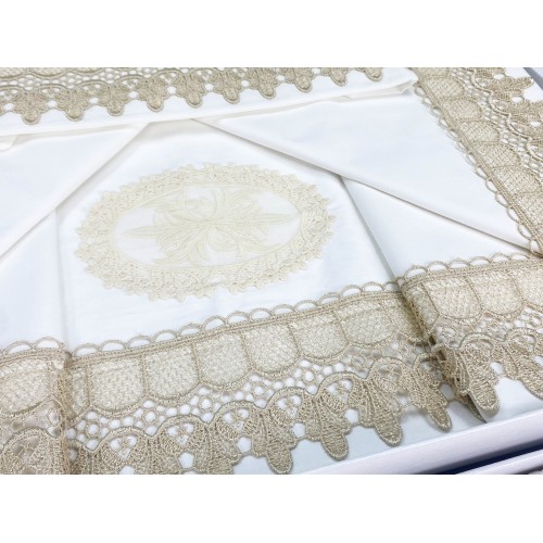 BAULETTO JENNY CON pizzo MACRAMÈ ECRÙ MATRIMONIALE lenzuolo e COPRILETTO idea SPOSA