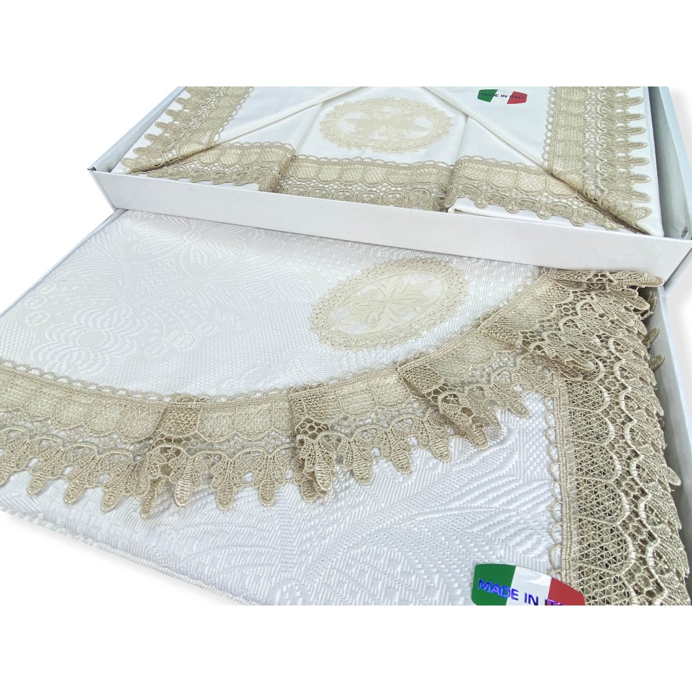 BAULETTO JENNY CON pizzo MACRAMÈ ECRÙ MATRIMONIALE lenzuolo e COPRILETTO idea SPOSA
