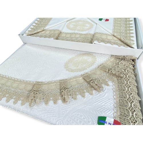 BAULETTO JENNY CON pizzo MACRAMÈ ECRÙ MATRIMONIALE lenzuolo e COPRILETTO idea SPOSA