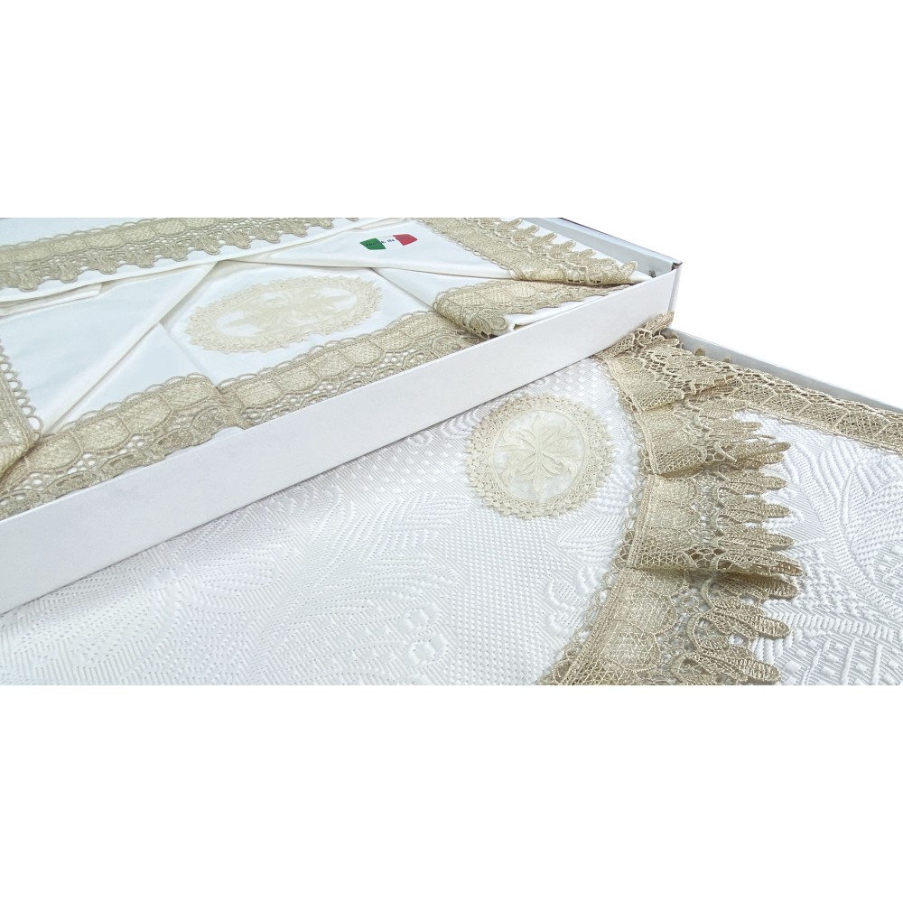 BAULETTO JENNY CON pizzo MACRAMÈ ECRÙ MATRIMONIALE lenzuolo e COPRILETTO idea SPOSA
