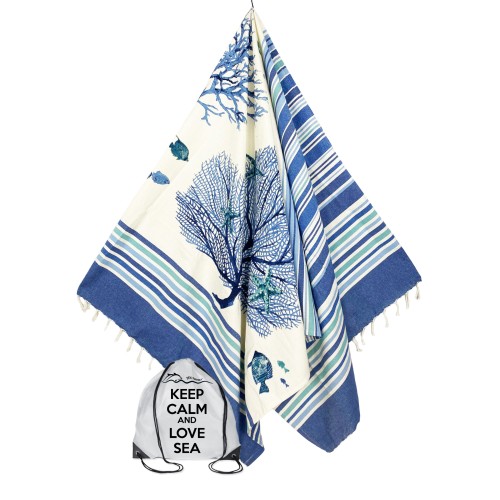 BEACH TOWEL fouta CORAL BLUE size LARGE with Beach backpack KEEP CALM CM.100X200