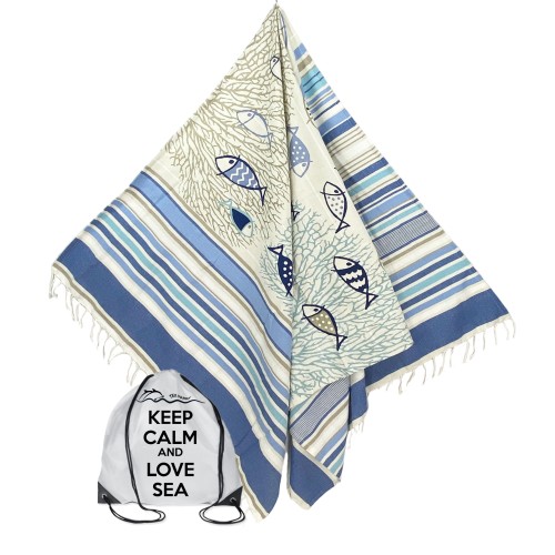 STRANDTUCH fouta FISH blau LARGE SIZE CM.100X200 mit Rucksack Beach KEEP CALM