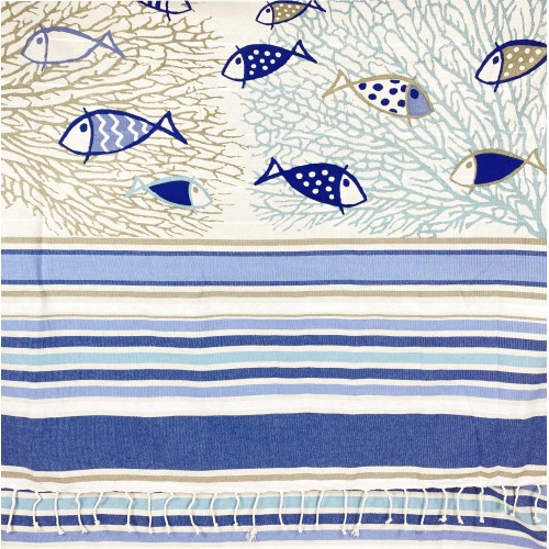STRANDTUCH fouta FISH blau LARGE SIZE CM.100X200 mit Rucksack Beach KEEP CALM
