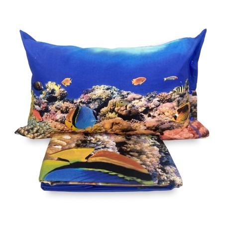 bed set with function also as a bedspread printed with coral reef fish