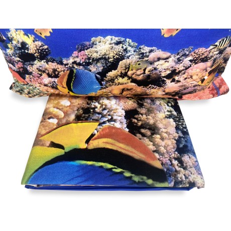 bed set with function also as a bedspread printed with coral reef fish