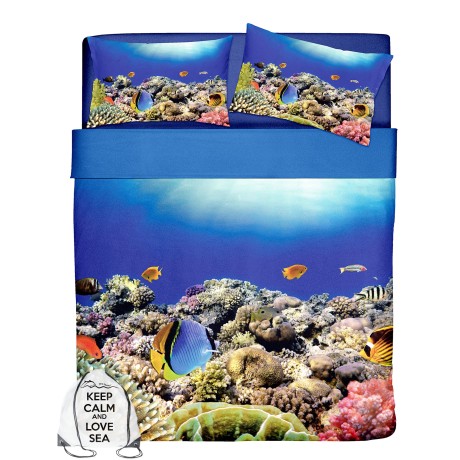 bed set with function also as a bedspread printed with coral reef fish