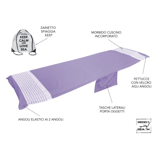 SERVIETTE DE PLAGE FOUTA ALVIN LIT VIOLET coton BEDDY BEACH © AVEC POCHES TAILLE CM. 75 X 195 et sac à dos SPIAGGIA