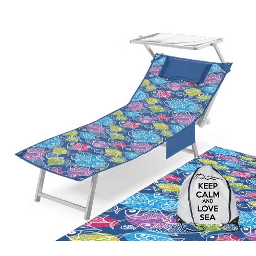 BEACH TOWEL TEDDY FISH BED Stylized In microfiber WITH POCKETS SIZE cm. 80 X 190