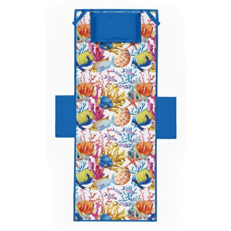 beach towel with a sun lounger with corners with colorful fish