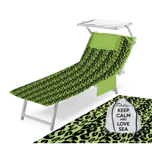 TOALLA DE PLAYA VERDE LEOPARDO TUMBONA DE PELUCHE en microfibra CON BOLSILLOS TAMAÑO cm. 80 x 190