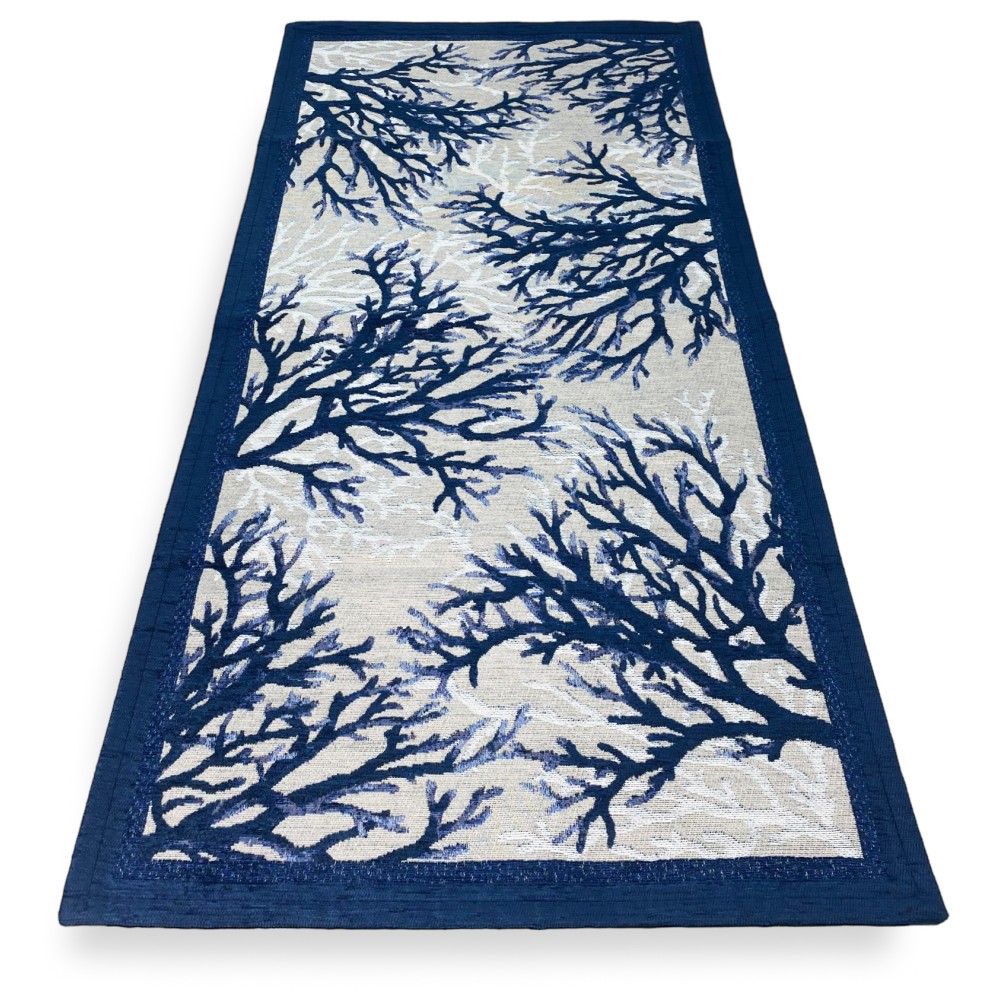 Tapis fabriqué en Italie avec des coraux sur bleu dans le style de la mer, bordé de bleu, Made in Italy Tapis fabriqué en Italie avec des coraux sur bleu dans le style de la mer, bordé de bleu, Made in Italy