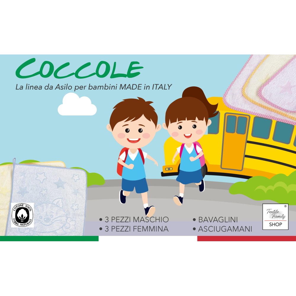 SET 3 SERVIETTES JARDIN MATERNELLE enfant cocooning cm. 40x50 en pur coton