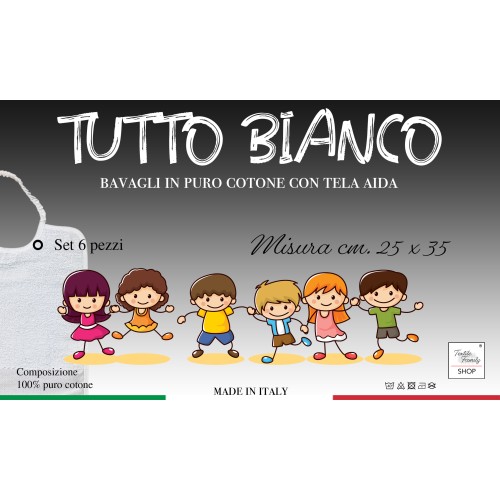 SET 6 BABEROS DE BEBÉ EN COLOR LISO TODO BLANCO CON ELÁSTICO DE PURO ALGODÓN CON LONA AIDA PARA BORDAR EL NOMBRE
