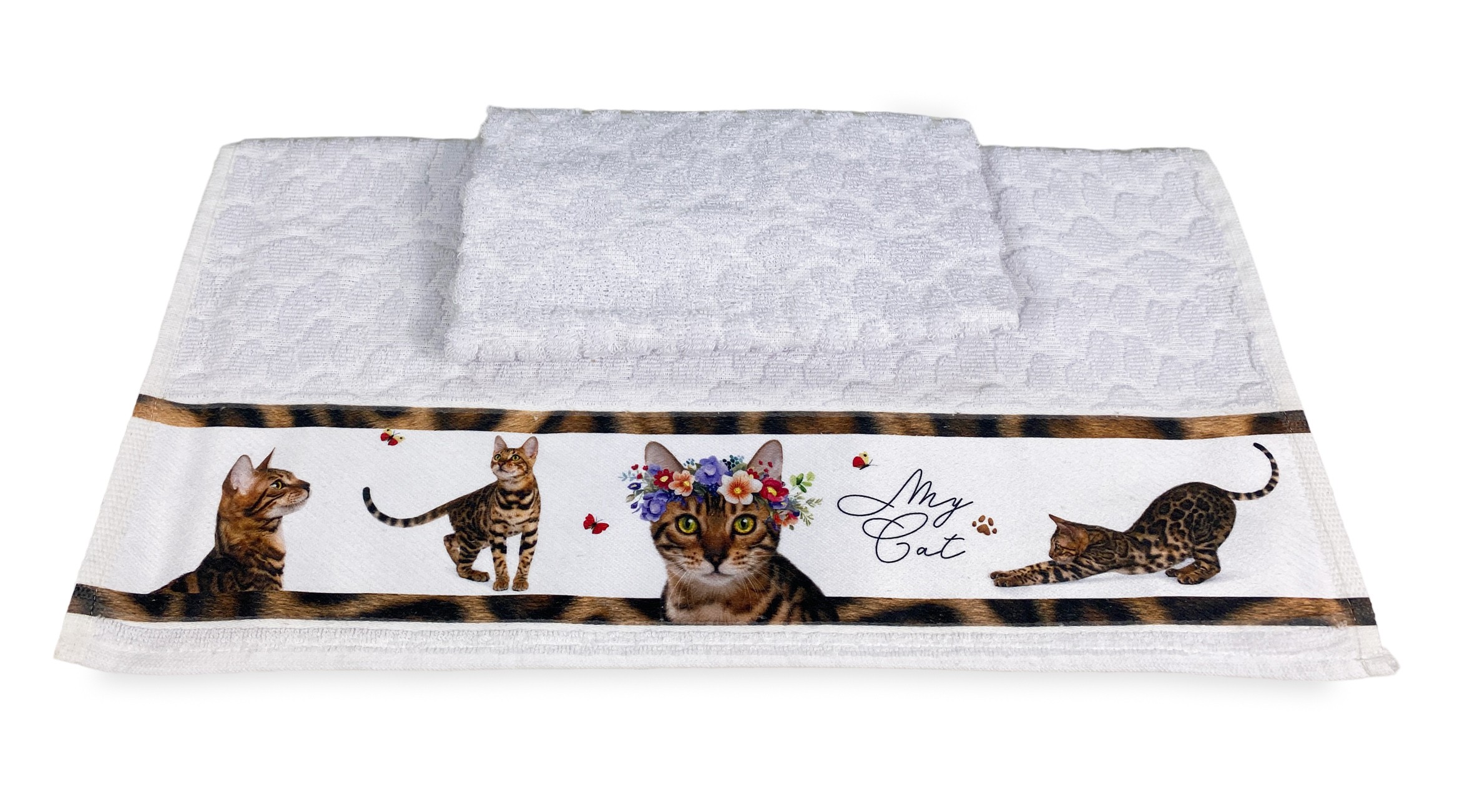 Set Asciugamani Bagno Con Stampa Gatti E Cuori - Cotone 100%, 420 G/mq, Viso E Ospite, Idea Regalo - Foto 2