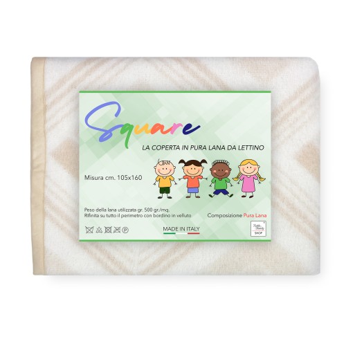 SQUARE BLANKET Children in real Pure WOOL for COT soft and Warm Natural color