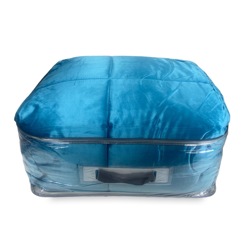 QUILT Duvet in soft PETROL BLUE velvet with feather effect 2 squares double ELISIR