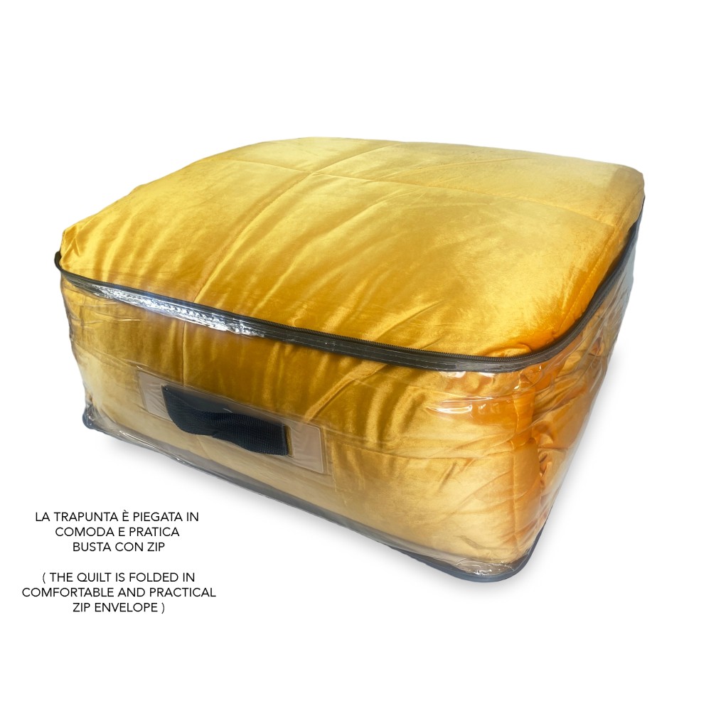 QUILT Bettdecke aus weichem gelbem Samt GOLD Federeffekt 2 Quadrate doppelt ELISIR