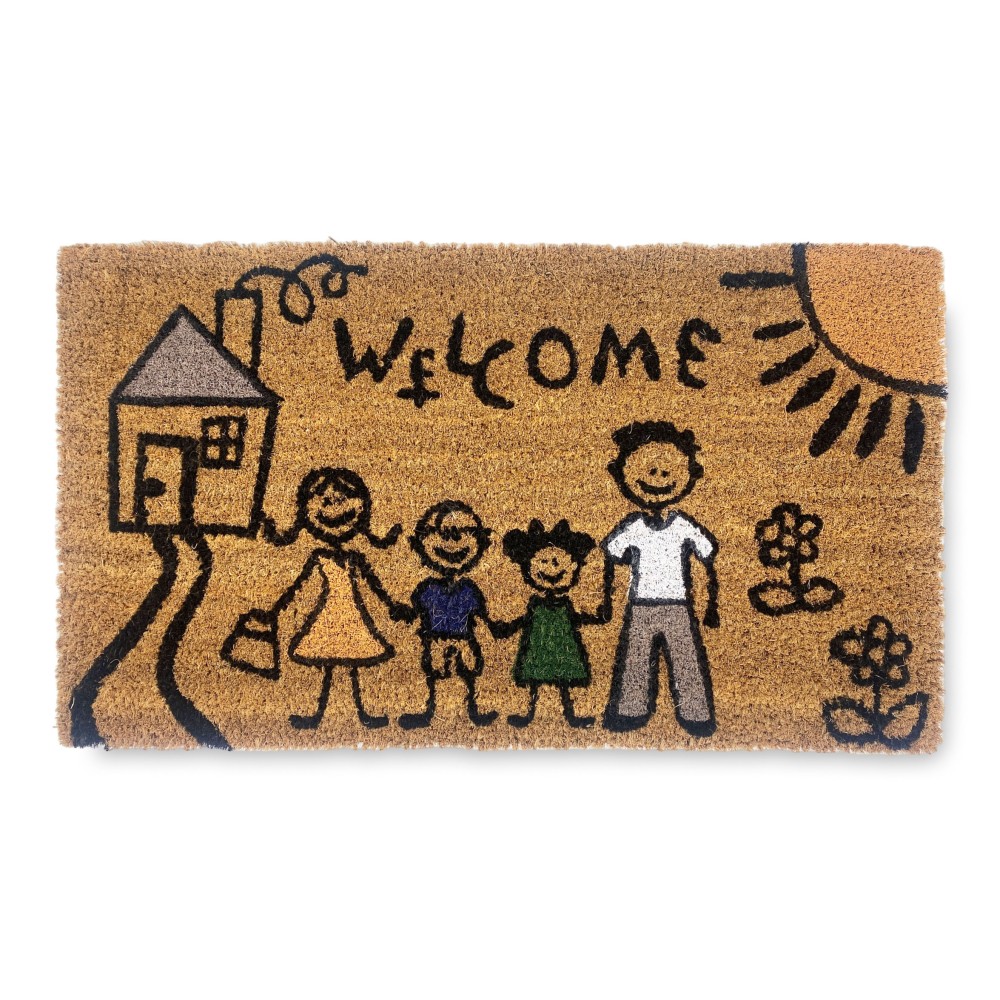 Paillasson de bienvenue imprimé avec une famille joyeuse Paillasson de bienvenue imprimé avec une famille joyeuse